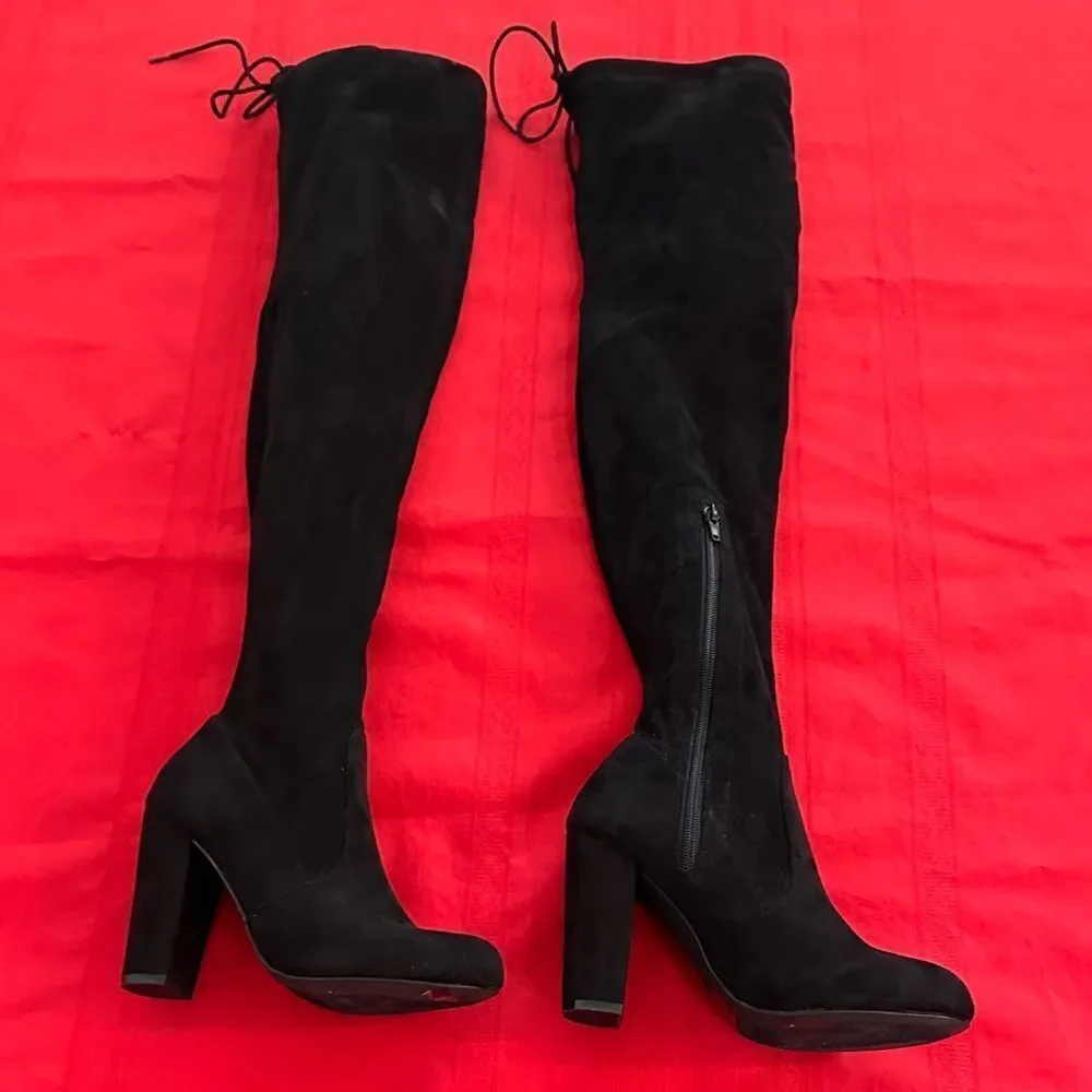 Olivia Ferguson Chic Black Suede Over the Knee Tie/Zip Boots Size 7.5